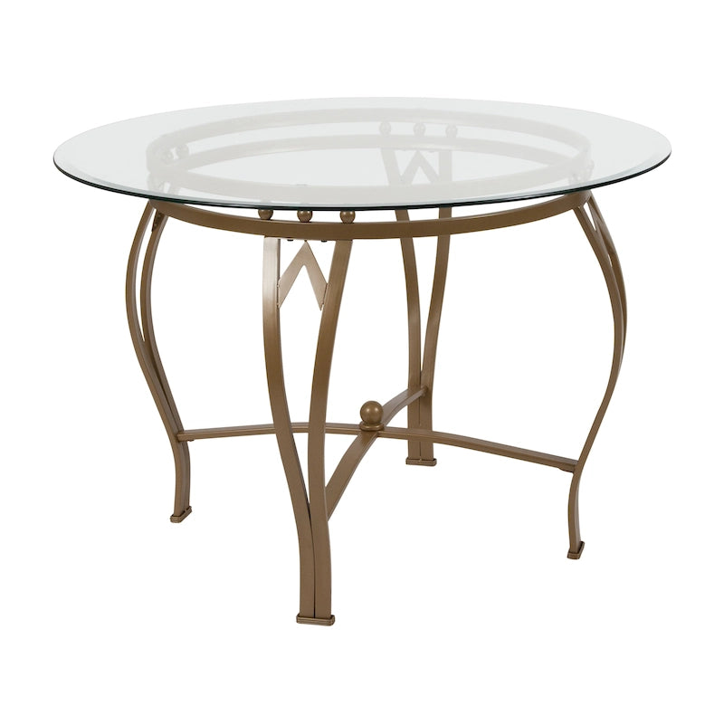 Table à manger ronde en verre de 42 po, piétement en métal cintré, style moderne, 4 places.
