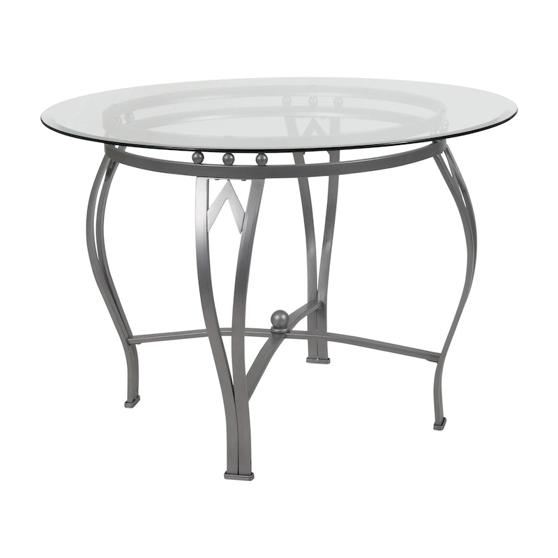 Table à manger ronde en verre de 42 po, piétement en métal cintré, style moderne, 4 places.