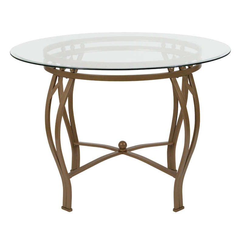 Table à manger ronde en verre de 42 po, piétement en métal cintré, style moderne, 4 places.