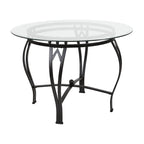 Table à manger ronde en verre de 42 po, piétement en métal cintré, style moderne, 4 places.