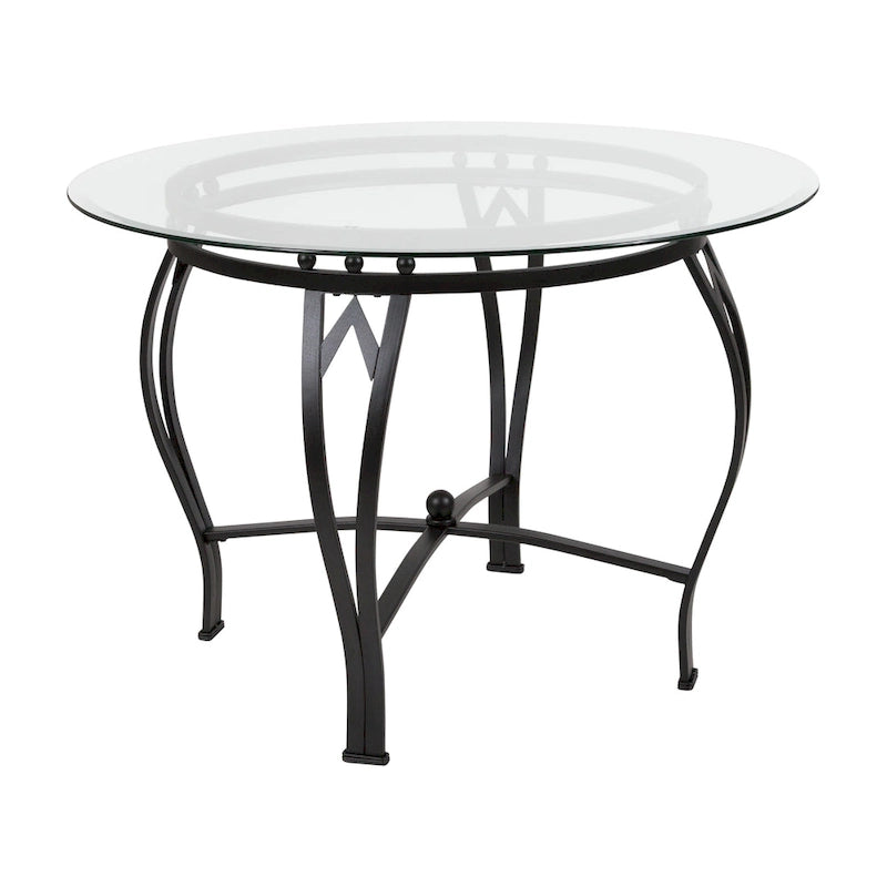Table à manger ronde en verre de 42 po, piétement en métal cintré, style moderne, 4 places.