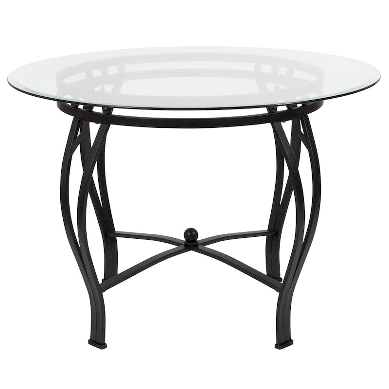 Table à manger ronde en verre de 42 po, piétement en métal cintré, style moderne, 4 places.
