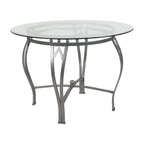 Table à manger ronde en verre de 42 po, piétement en métal cintré, style moderne, 4 places.