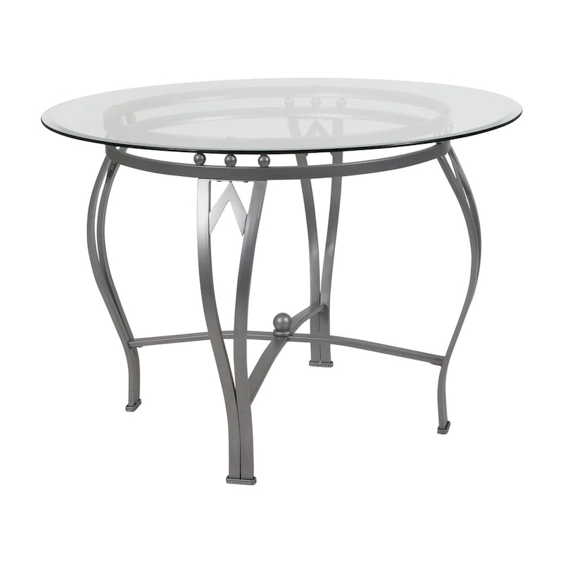 Table à manger ronde en verre de 42 po, piétement en métal cintré, style moderne, 4 places.