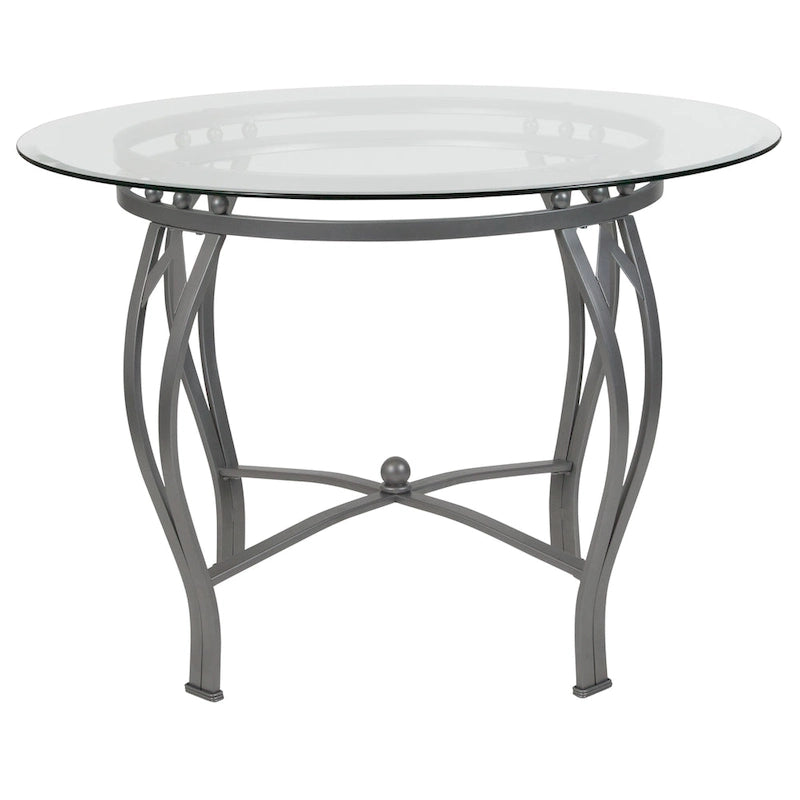 Table à manger ronde en verre de 42 po, piétement en métal cintré, style moderne, 4 places.