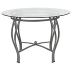 Table à manger ronde en verre de 42 po, piétement en métal cintré, style moderne, 4 places.