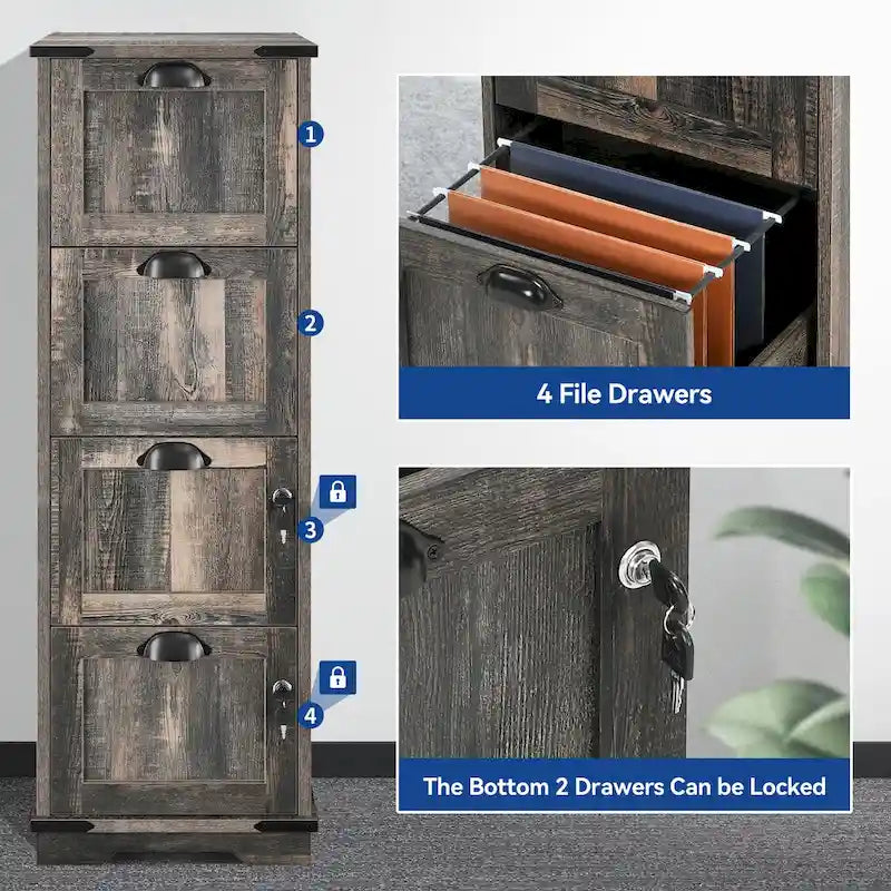 Meuble de classement vertical rustique en bois à 4 tiroirs avec serrure, pour bureau à domicile, format légal et lettre
