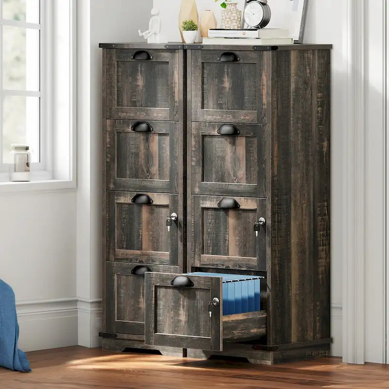 Meuble de classement vertical rustique en bois à 4 tiroirs avec serrure, pour bureau à domicile, format légal et lettre