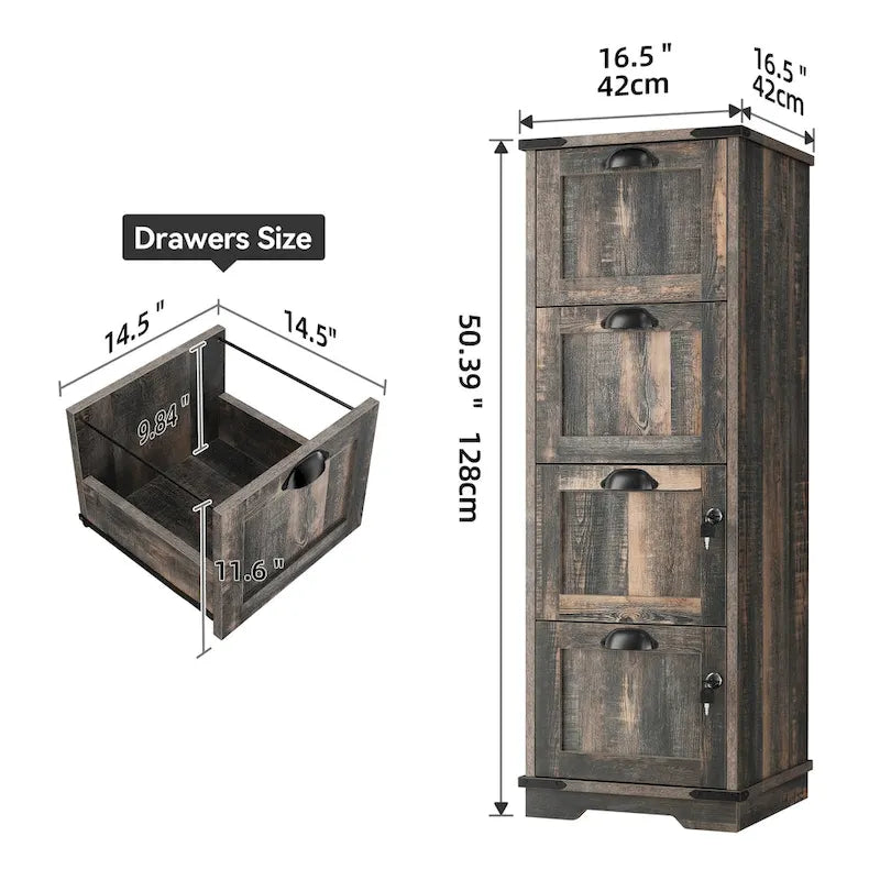 Meuble de classement vertical rustique en bois à 4 tiroirs avec serrure, pour bureau à domicile, format légal et lettre