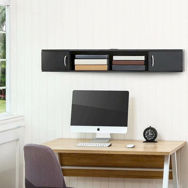 Meuble TV mural 43", bureau flottant avec étagères de rangement, bureau à domicile peu encombrant