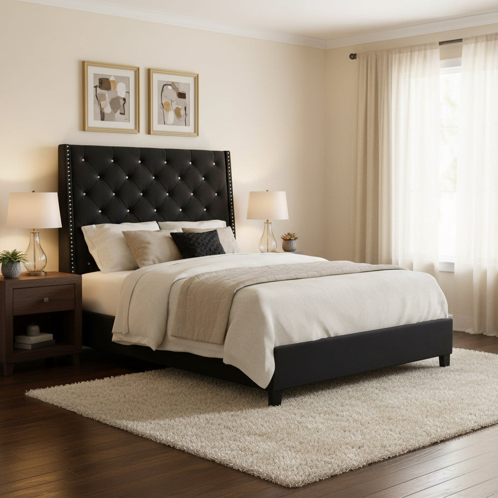 Maze Queen Size Bed, Button Tufted, Nailhead Trim, Black Fabric Upholstery
