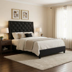 Maze Queen Size Bed, Button Tufted, Nailhead Trim, Black Fabric Upholstery