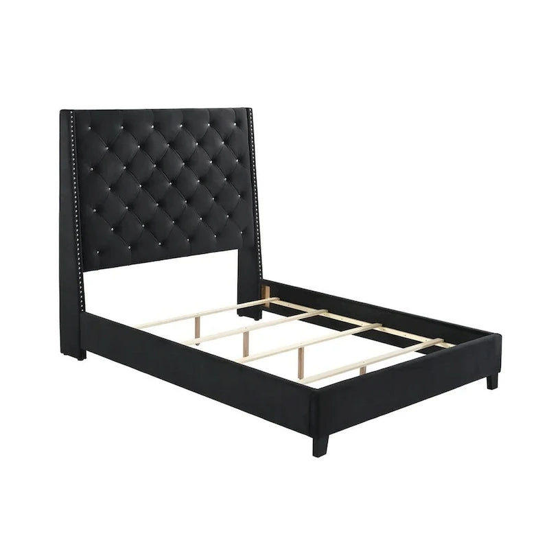 Lit Queen Size, tête de lit capitonnée, garniture cloutée, revêtement en tissu noir, pieds fuselés en bois