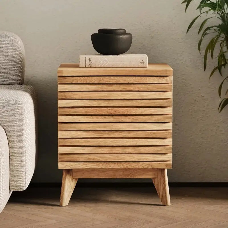 Table de chevet 2 tiroirs, finition effet chêne, style scandinave moderne, mobilier de chambre à coucher