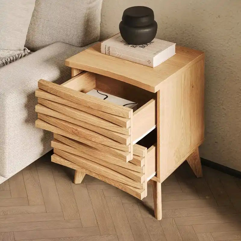 Table de chevet 2 tiroirs, finition effet chêne, style scandinave moderne, mobilier de chambre à coucher
