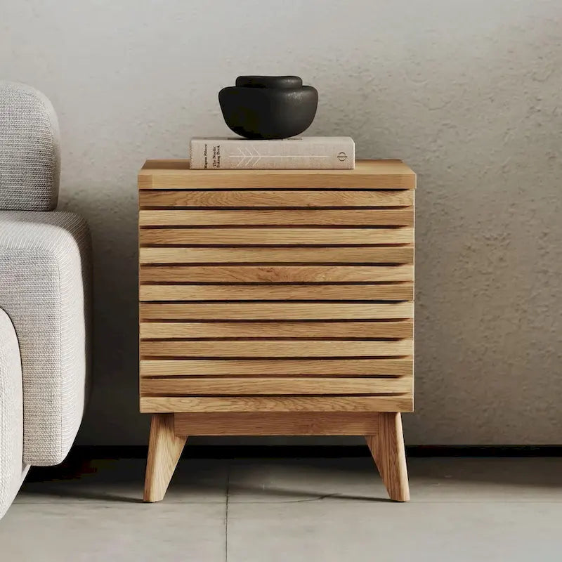 Table de chevet 2 tiroirs, finition effet chêne, style scandinave moderne, mobilier de chambre à coucher
