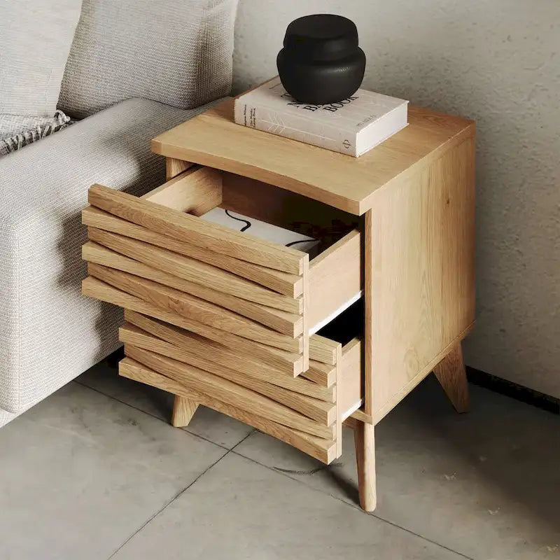 Table de chevet 2 tiroirs, finition effet chêne, style scandinave moderne, mobilier de chambre à coucher