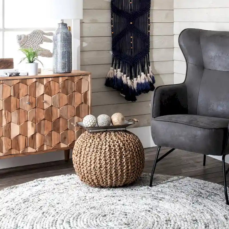 Pouf ottoman en jute tricoté uni, fibre naturelle tissée à la main, siège de sol et repose-pieds bohème