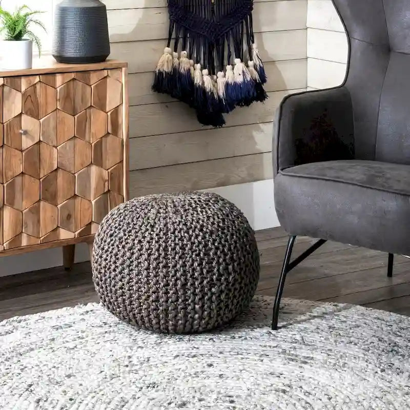 Pouf ottoman en jute tricoté uni, fibre naturelle tissée à la main, siège de sol et repose-pieds bohème