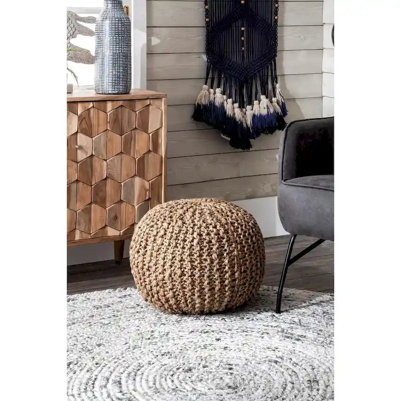 Pouf ottoman en jute tricoté uni, fibre naturelle tissée à la main, siège de sol et repose-pieds bohème
