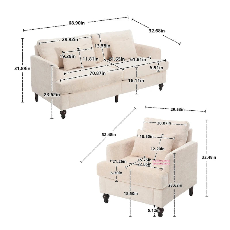 Ensemble canapé 2 places et fauteuil en chenille, structure en bois massif, ensemble de canapés de salon rembourrés