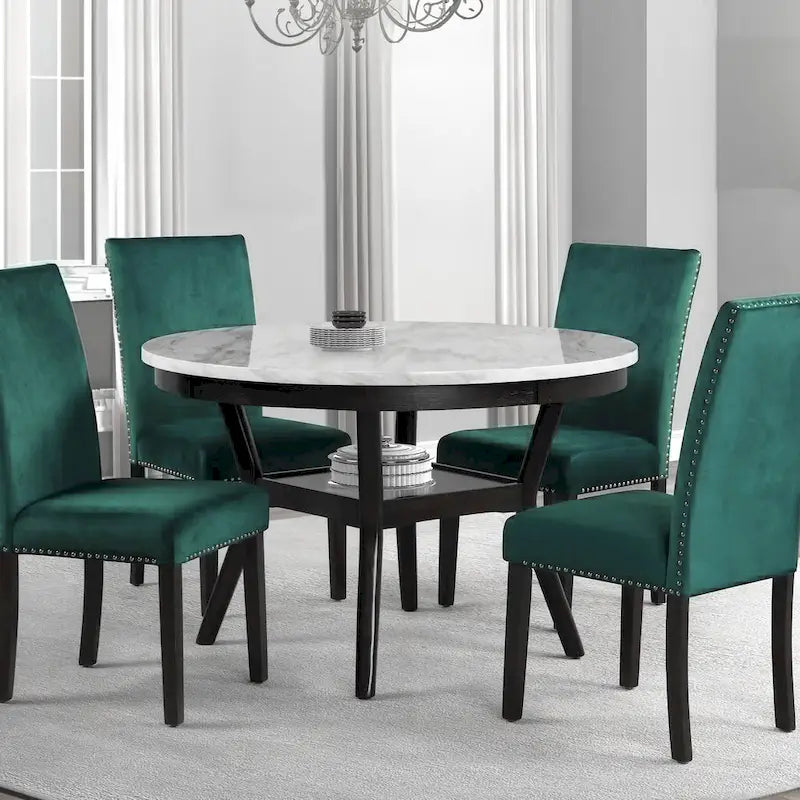 Kate 47 Inch Round Dining Table with Faux Marble Top, White and Brown