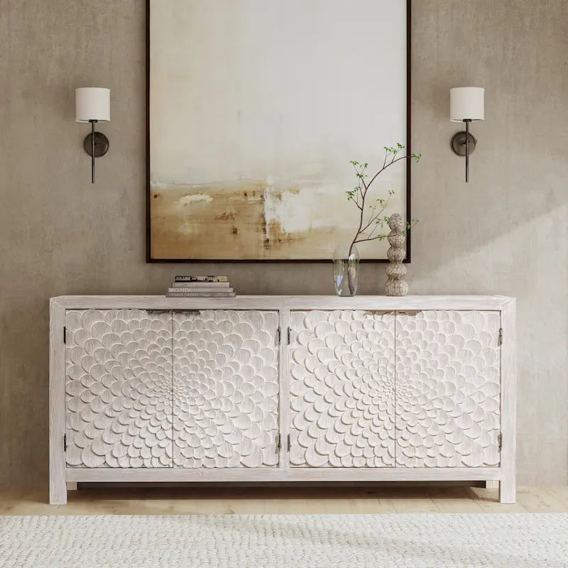 Buffet de salle à manger 4 portes, finition crème vintage, meuble de rangement.
