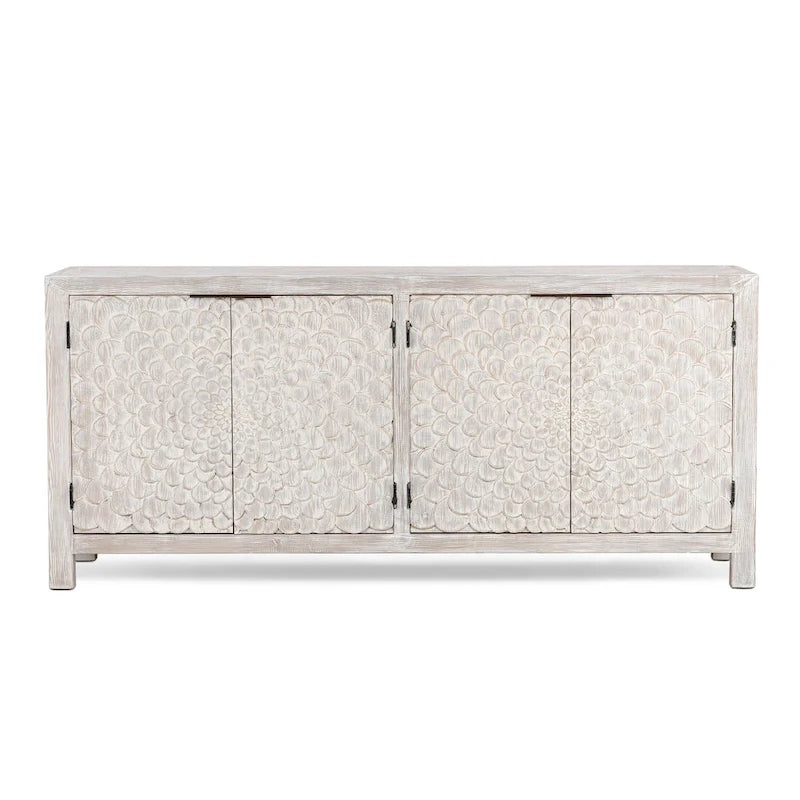 Buffet de salle à manger 4 portes, finition crème vintage, meuble de rangement.