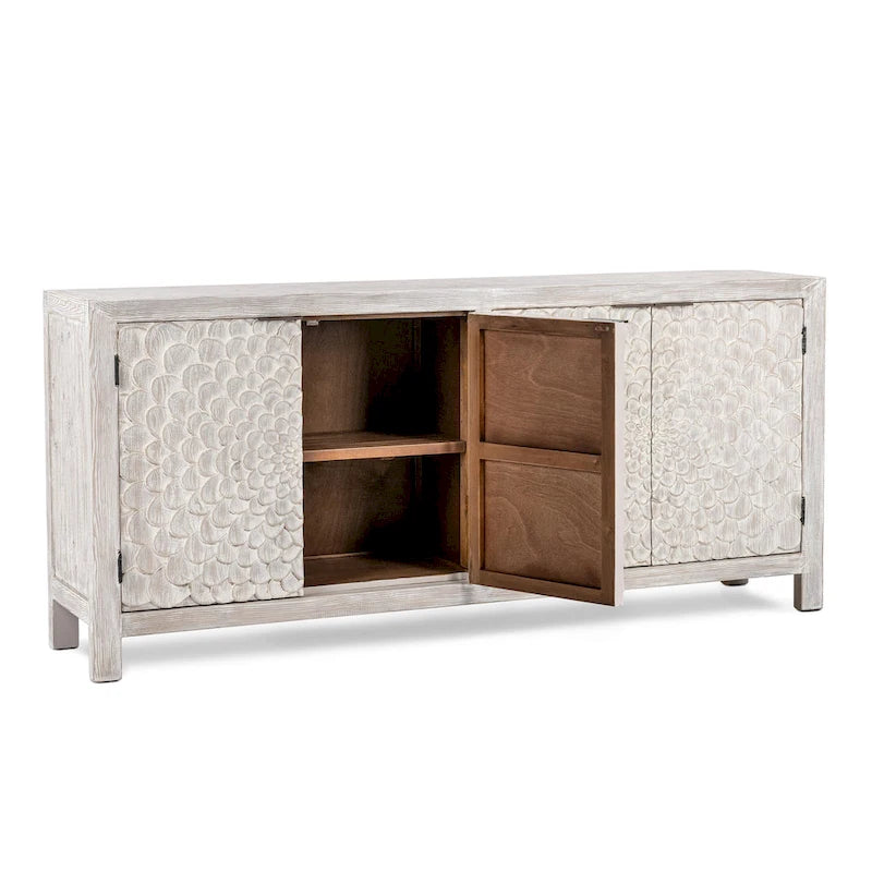 Buffet de salle à manger 4 portes, finition crème vintage, meuble de rangement.