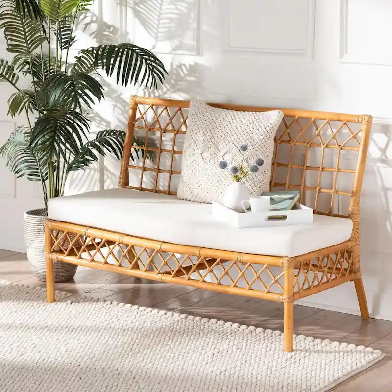 Banc de salle à manger Bohème 48", rotin naturel, coussin en mousse amovible, dossier ajouré, intérieur et semi-extérieur
