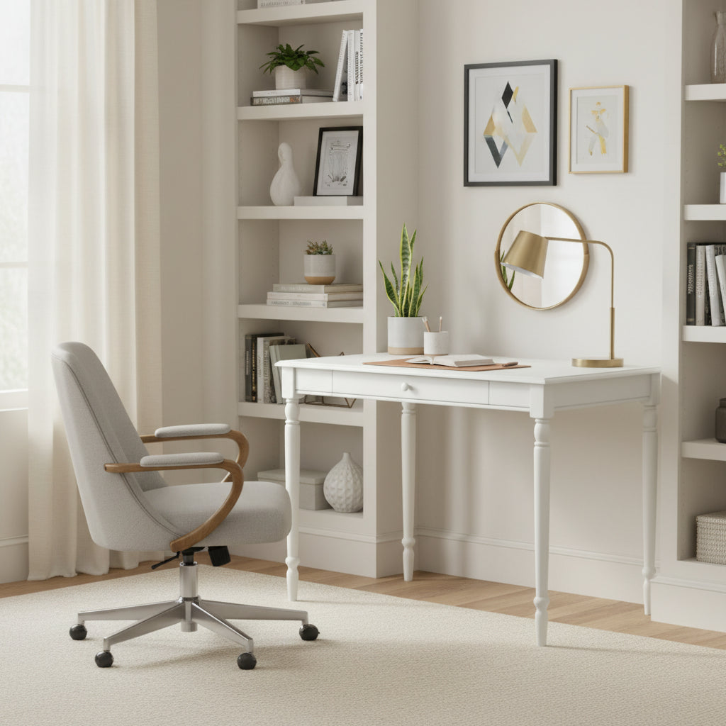 Bureau à 1 tiroir, style campagne française, bureau compact pour la maison, finition blanche