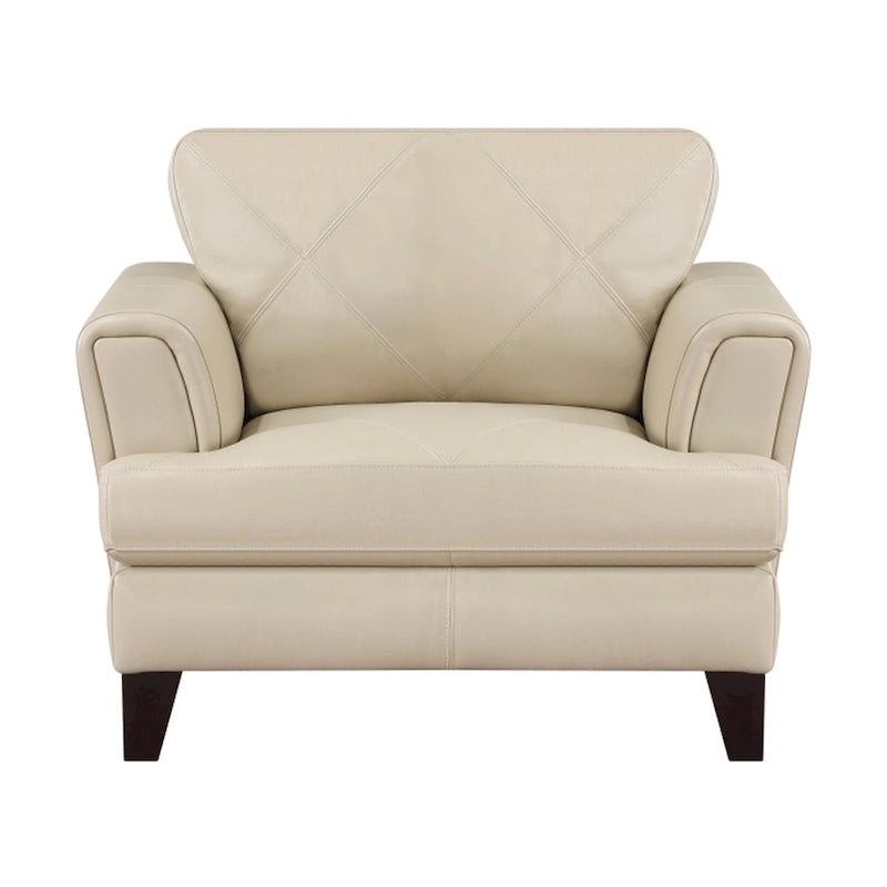 Fauteuil d'appoint 38", cuir pleine fleur crème, ressorts ensachés, coutures géométriques, pieds espresso en bois massif
