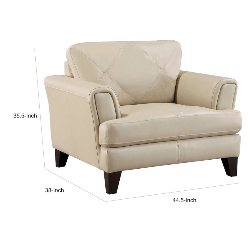 Fauteuil d'appoint 38", cuir pleine fleur crème, ressorts ensachés, coutures géométriques, pieds espresso en bois massif