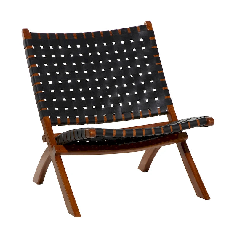 Fauteuil d'appoint pliant, assise en cuir tressé, structure en bois massif marron, noir ou marron, utilisation intérieure