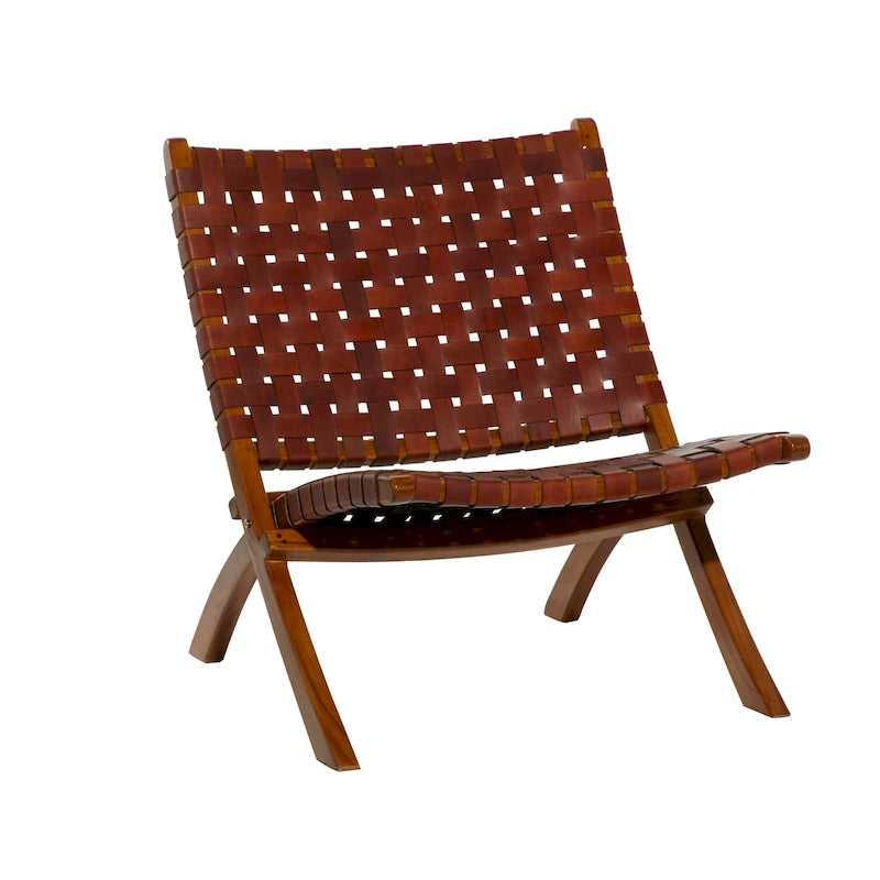 Fauteuil d'appoint pliant, assise en cuir tressé, structure en bois massif marron, noir ou marron, utilisation intérieure