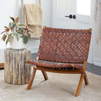 Fauteuil d'appoint pliant, assise en cuir tressé, structure en bois massif marron, noir ou marron, utilisation intérieure