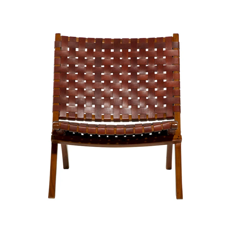Fauteuil d'appoint pliant, assise en cuir tressé, structure en bois massif marron, noir ou marron, utilisation intérieure