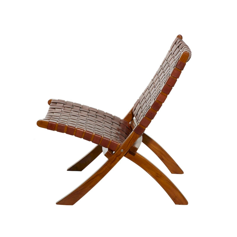 Fauteuil d'appoint pliant, assise en cuir tressé, structure en bois massif marron, noir ou marron, utilisation intérieure