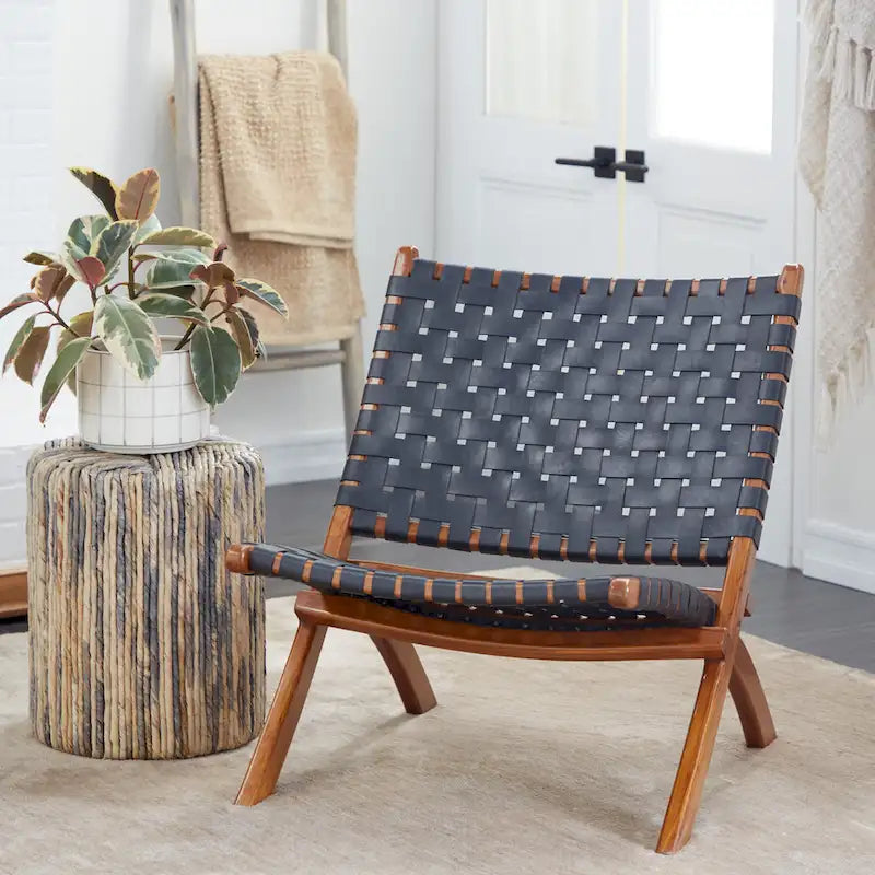 Fauteuil d'appoint pliant, assise en cuir tressé, structure en bois massif marron, noir ou marron, utilisation intérieure