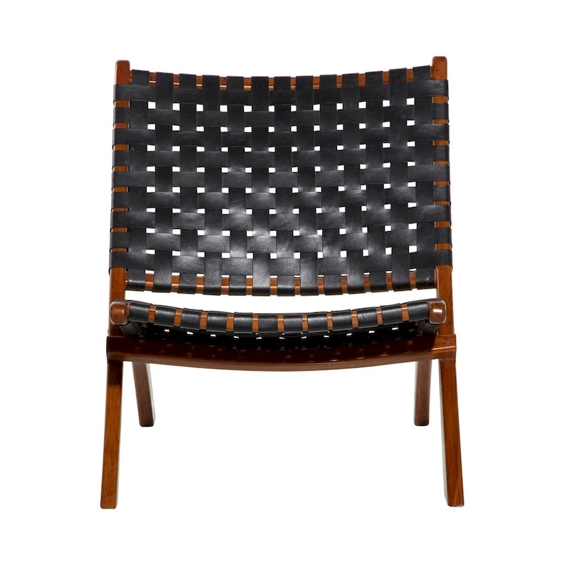 Fauteuil d'appoint pliant, assise en cuir tressé, structure en bois massif marron, noir ou marron, utilisation intérieure