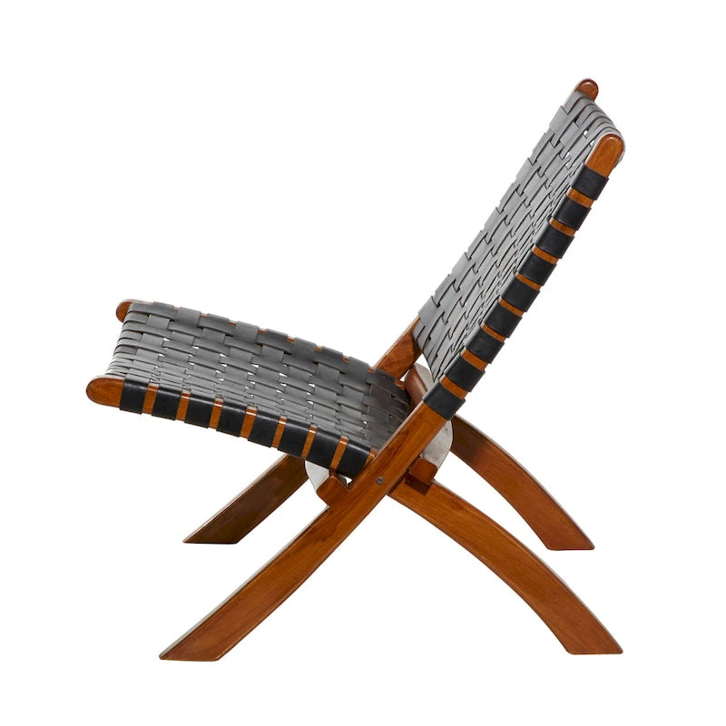 Fauteuil d'appoint pliant, assise en cuir tressé, structure en bois massif marron, noir ou marron, utilisation intérieure