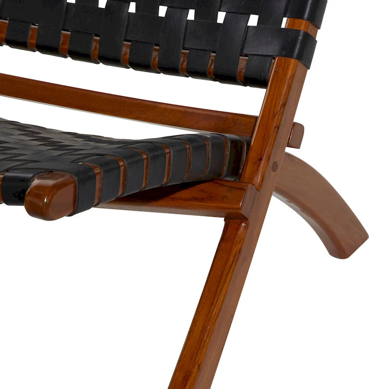 Fauteuil d'appoint pliant, assise en cuir tressé, structure en bois massif marron, noir ou marron, utilisation intérieure