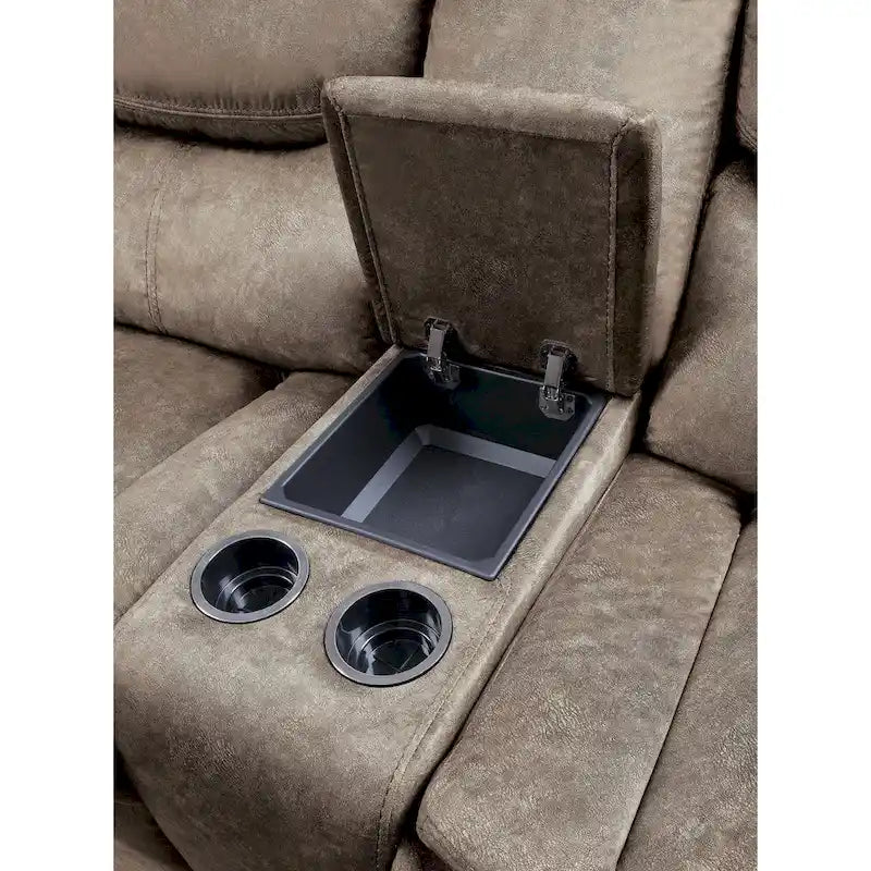 Causeuse inclinable double manuelle de 79 po avec console, en microfibre marron, pour salon