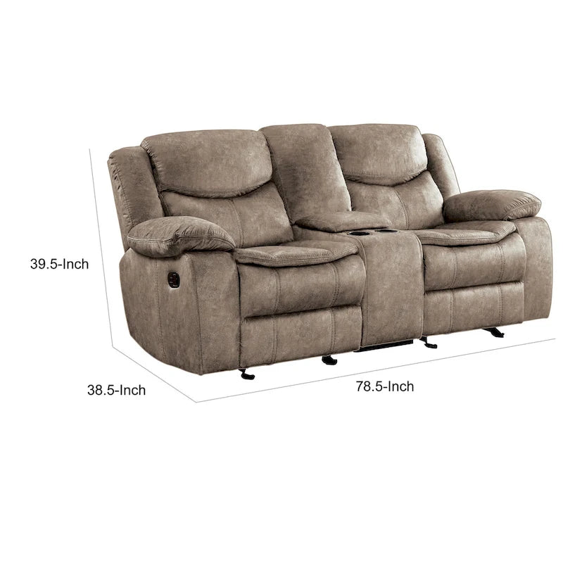 Causeuse inclinable double manuelle de 79 po avec console, en microfibre marron, pour salon