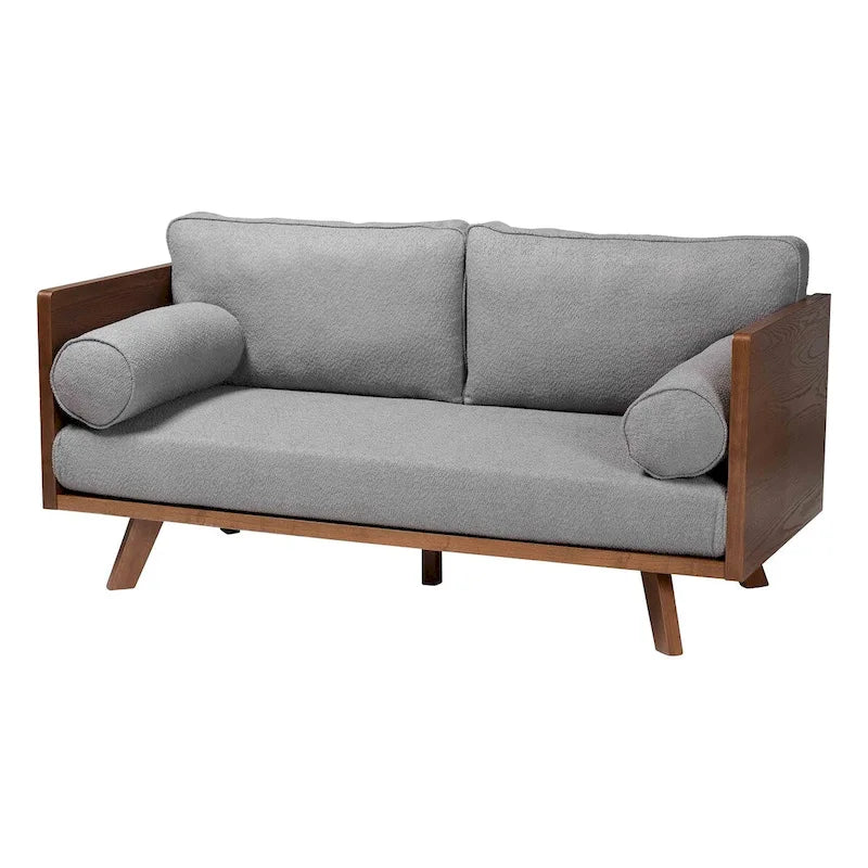 Canapé trois places Mid-Century Modern en tissu bouclé, pieds en bois massif, pour salon