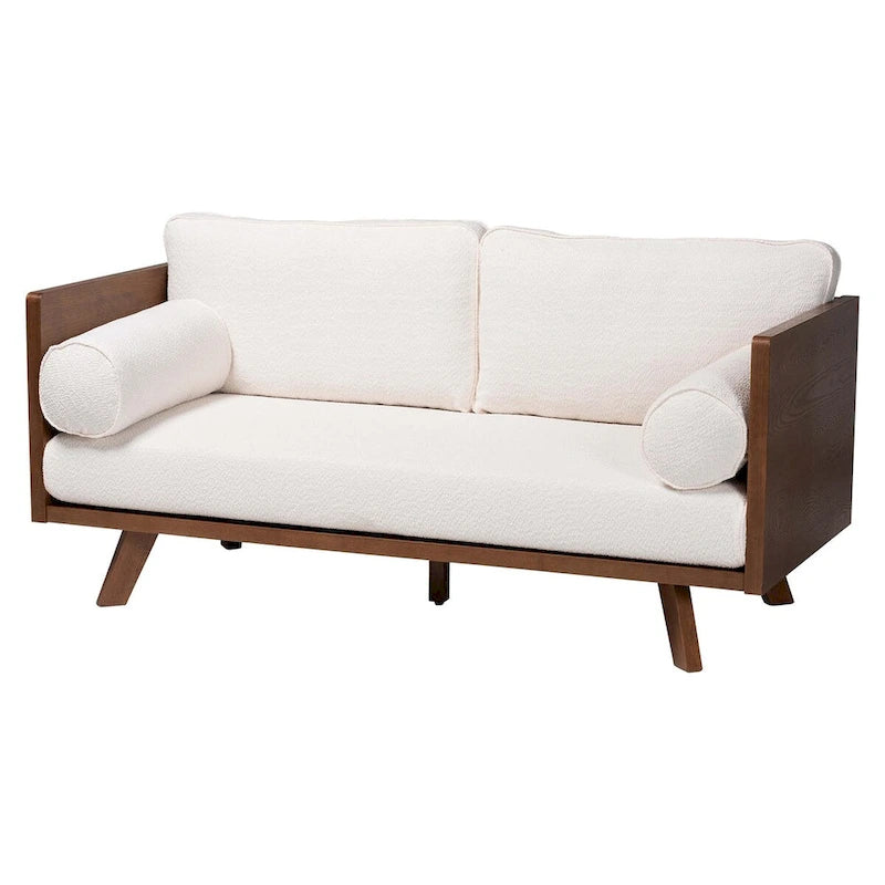 Canapé trois places Mid-Century Modern en tissu bouclé, pieds en bois massif, pour salon