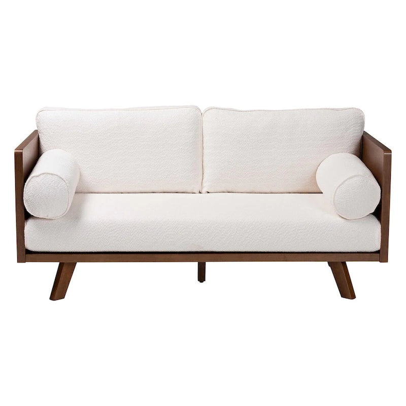 Canapé trois places Mid-Century Modern en tissu bouclé, pieds en bois massif, pour salon