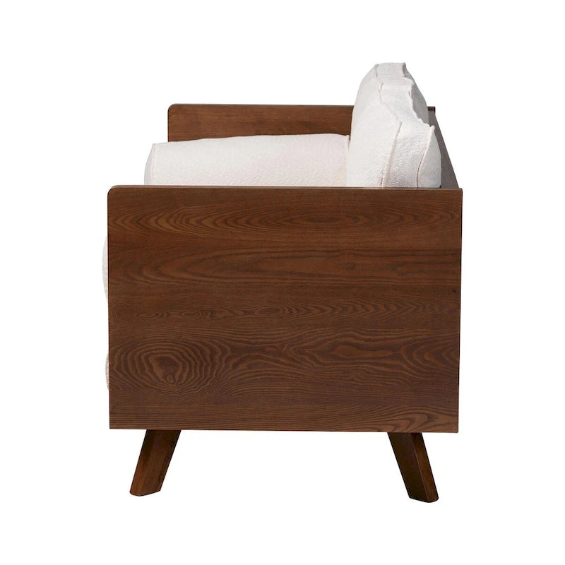 Canapé trois places Mid-Century Modern en tissu bouclé, pieds en bois massif, pour salon
