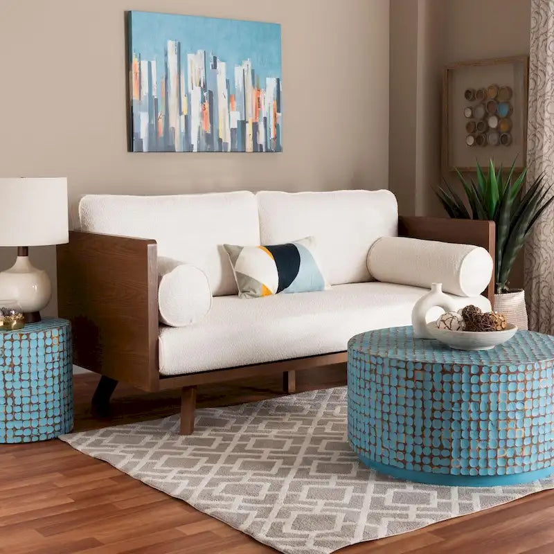 Canapé trois places Mid-Century Modern en tissu bouclé, pieds en bois massif, pour salon