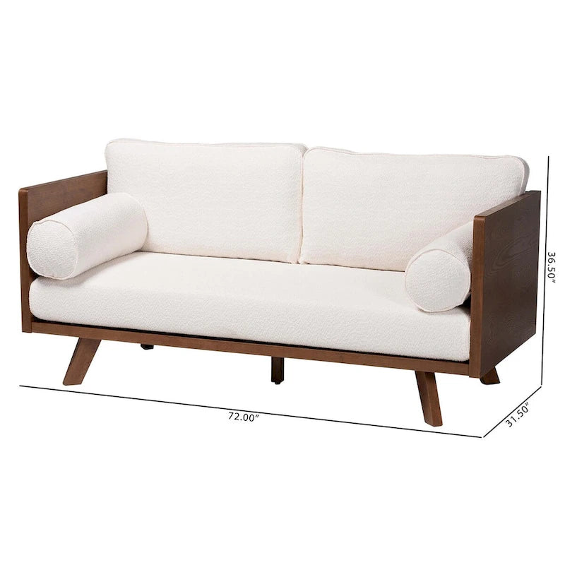 Canapé trois places Mid-Century Modern en tissu bouclé, pieds en bois massif, pour salon